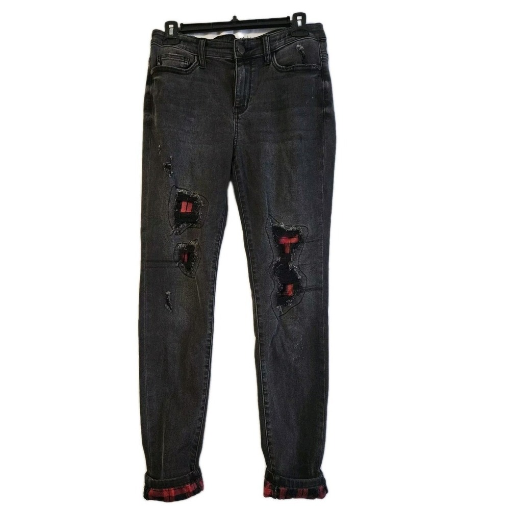 Judy Blue Skinny Jeans Womens 7/28 Black Plaid Distressed Flannel Lined Grunge
